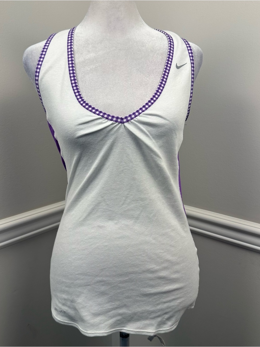 Nike Dri-Fit White Tank Top with Purple Gingham Trim XS